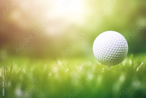 A golf ball is tightly placed on a tee with a fuzzy-green backdrop.