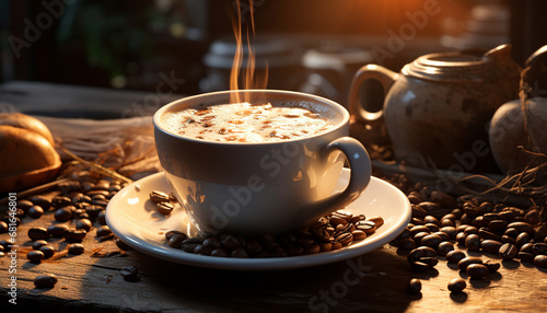 Freshly brewed coffee on a wooden table  steaming with heat generated by AI