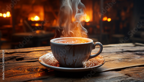 Hot coffee on wooden table, steam rising, cozy and comforting generated by AI