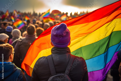 Back view of people with raiinbow colored LGBTQ flag. Demonstration or pride march photo