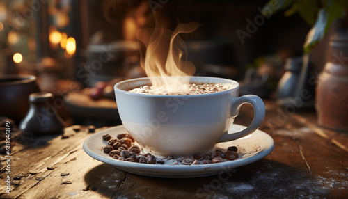 Freshly brewed coffee on wooden table, steam rising, inviting aroma generated by AI