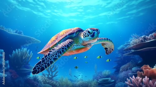sea turtle swimming in the sea, ocean background, colorful,generative ai © Hami