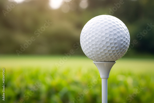 A tight upshot of the golf ball sitting on the tee alongside golf clubs is seen on the golf course.