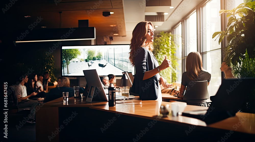 Image of a businesswoman giving a presentation at a conference in a friendly atmosphere in a modern office. Image of a businesswoman giving a presentation at a conference in a friendly atmosphere in a modern office.