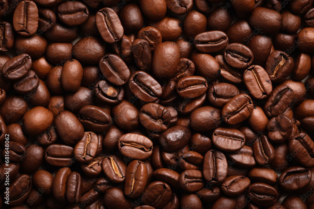 A close-up of toasted coffee beans in the foreground. A close-up of toasted coffee beans in the foreground.