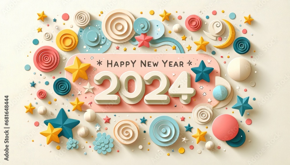 Happy New Year 2024 background, 3D paper art style celebration with layered ribbons, stars and balloons. - obrazy, fototapety, plakaty 
