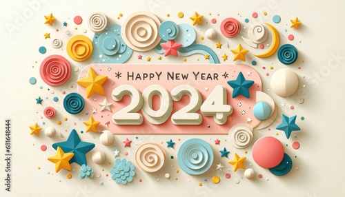 Happy New Year 2024 background, 3D paper art style celebration with layered ribbons, stars and balloons.