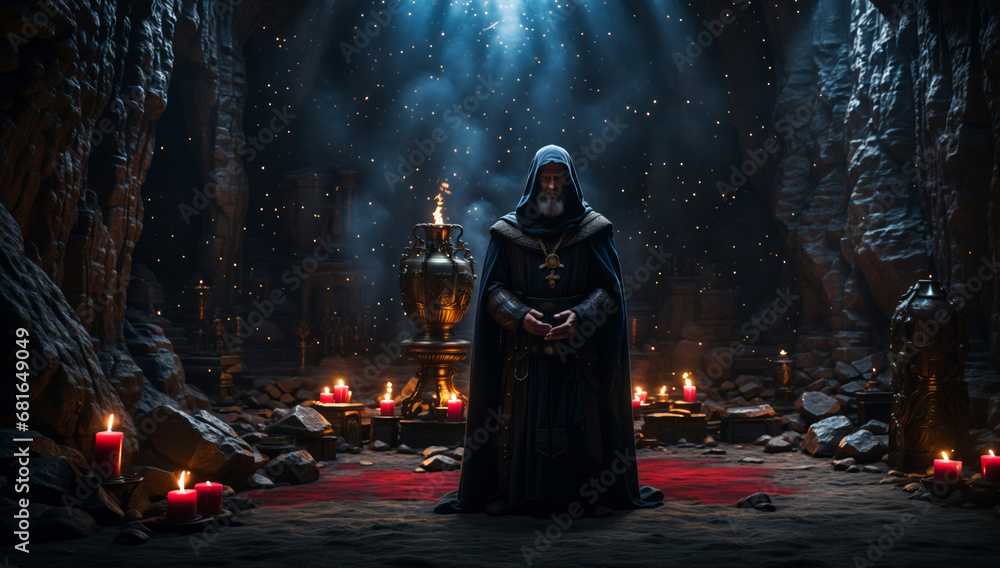 Fototapeta premium A priest performing a satanic ritual in a cave.