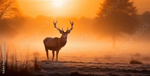 Mighty red deer standing in the savanna with dense fog in the morning, autumn theme © Instacraft.Studio