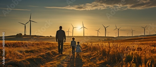 a family in the neighbourhood with alternative energy sources, such as wind turbines.
