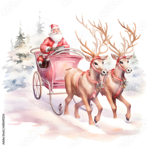 Watercolor Pink Christmas Santa Clause Rain Deer photo