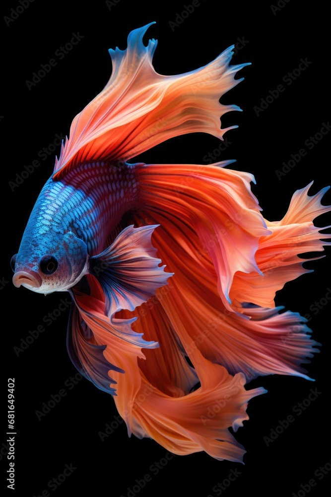 Aggressive Siamese Fishing Fish, Betta with multi vibrant colors isolated black background Aggressive Siamese Fishing Fish, Betta with multi vibrant colors isolated black background