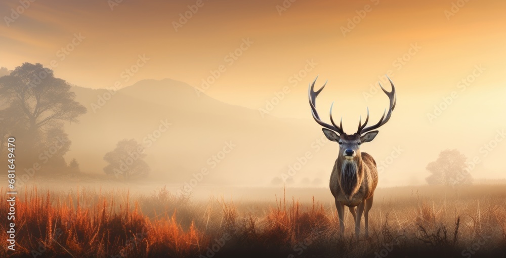 Fotobehang met Mighty red deer standing in the savanna with dense fog in the morning, autumn theme #681649470