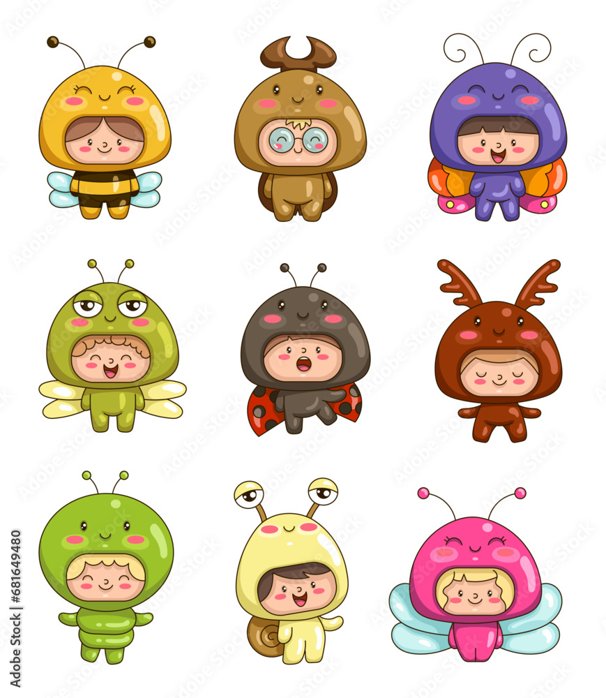 Children in insects costumes. Cute boys and girls cartoon characters in ...