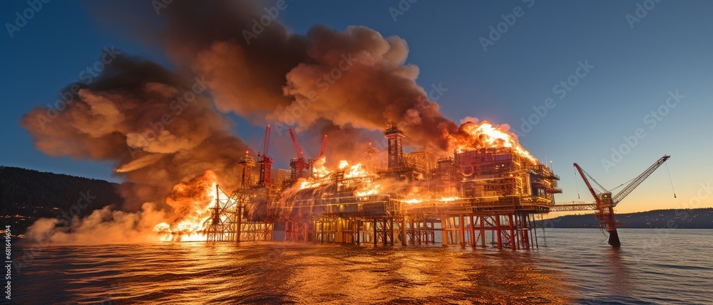 Shell Rig Fire Australia Long shot of the offshore oil rig fire and flare boom nozzle . Stock ...
