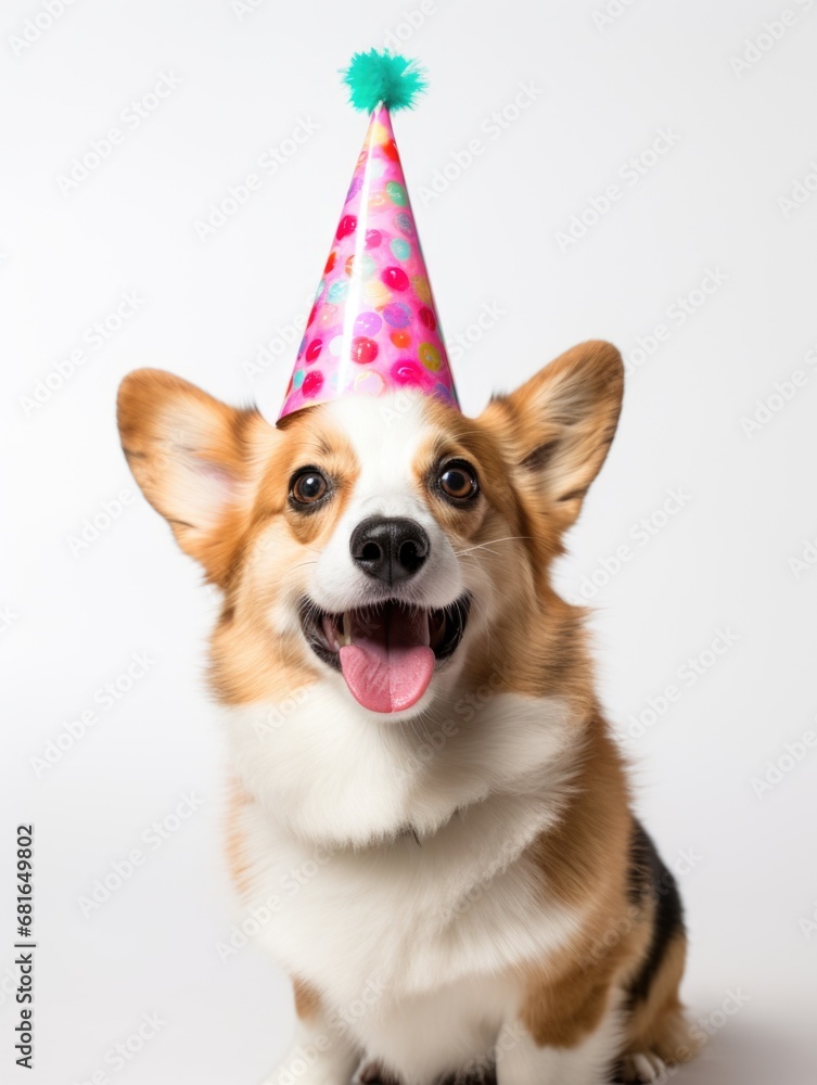 Cute Pembroke welsh corgi dog wearing birthday hat standing facing the camera Cute Pembroke welsh corgi dog wearing birthday hat standing facing the camera