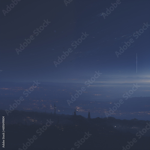  a purple sun setting over an alien fantasy scene
