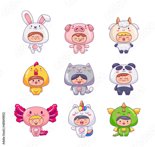 Cute little kids wearing animals costumes. Adorable boys and girls cartoon characters in clothes rabbit, pig, goat, rooster, cat, panda, axolotl, unicorn, dragon. Hand drawn style.