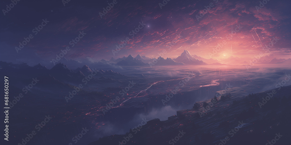  a purple sun setting over an alien fantasy scene