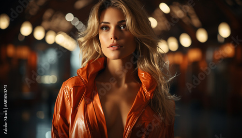 Beautiful woman with blond hair looking at camera outdoors at night generated by AI