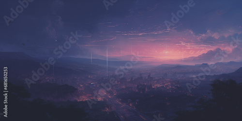  a purple sun setting over an alien fantasy scene