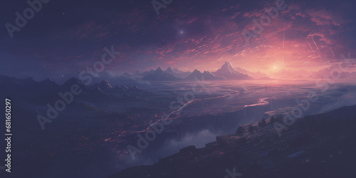  a purple sun setting over an alien fantasy scene