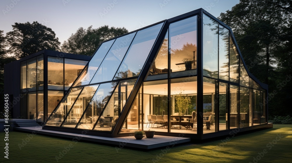 Modern Glass House Exterior at Dusk Modern Glass House Exterior at Dusk