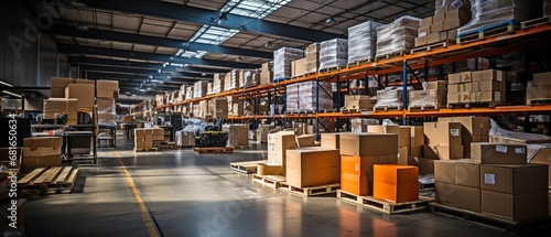 Retail warehouse with pallets  forklifts  and shelves stocked with products in cartons. .