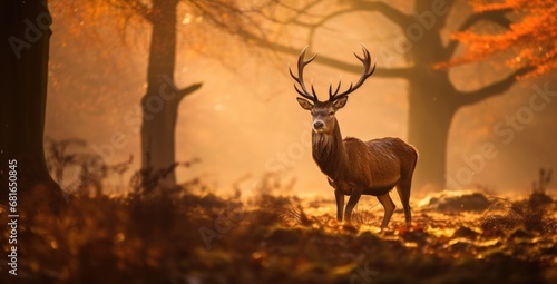 Mighty red deer standing in the forest with dense fog in the morning  autumn theme