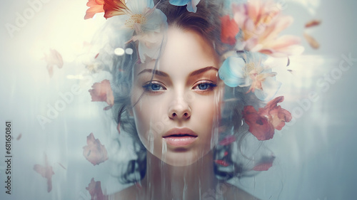 beautiful young girl double exposure of girl and flowers