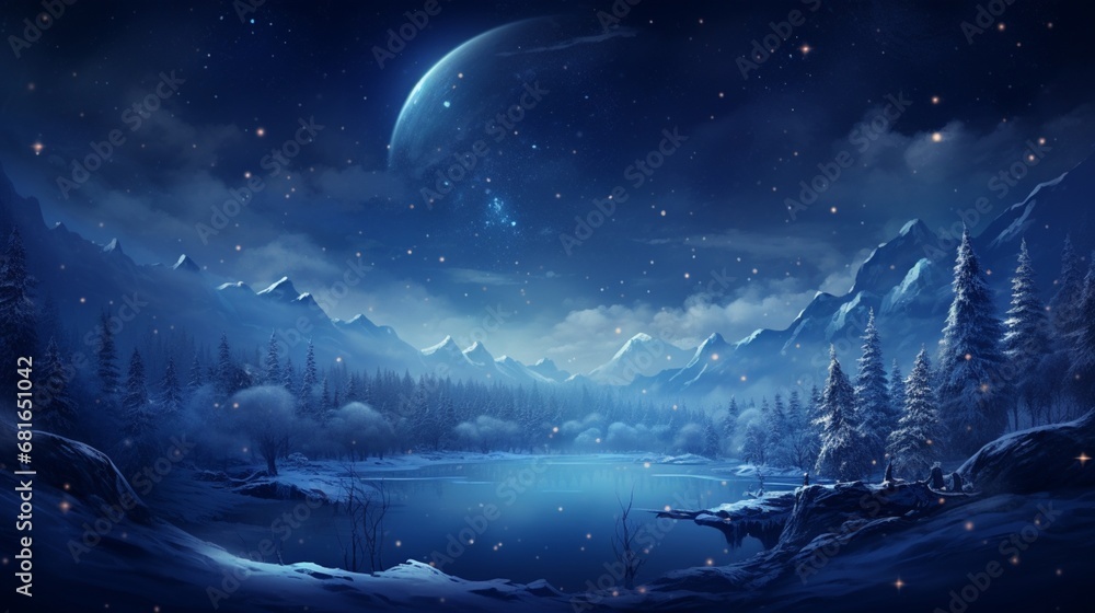 Fantasy Winter Night Landscape with Moon and Stars Fantasy Winter Night Landscape with Moon and Stars