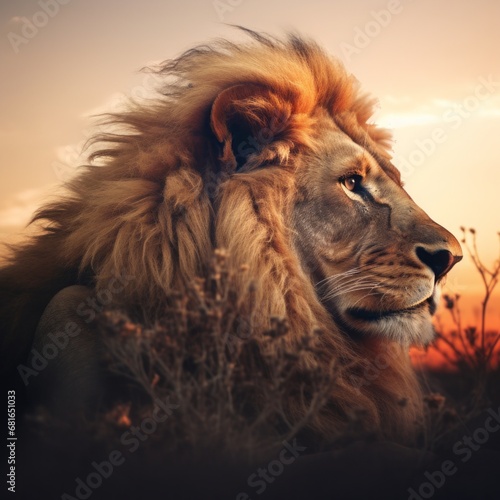 double exposure of a lion and a safari sunset
