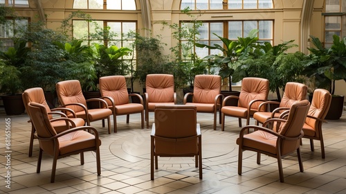 Empty chairs in a circle for a meeting. Generative AI