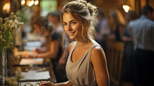 A waitress in a restaurant is taking orders from patrons. .