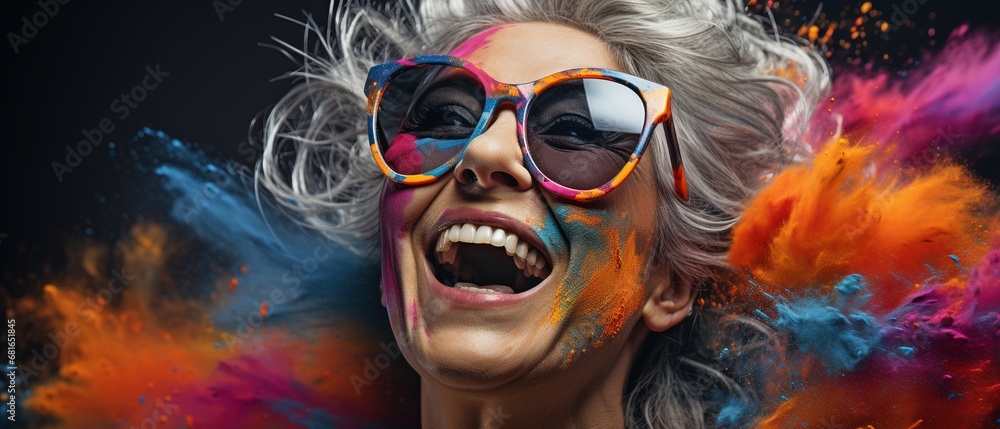 A young, gray-haired woman is dancing and celebrating. Gel-colored portraits . A young, gray-haired woman is dancing and celebrating. Gel-colored portraits .