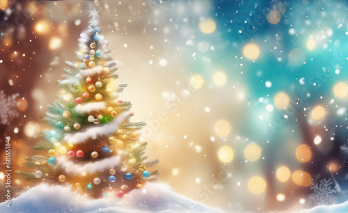 Christmas winter holiday festive banner. Xmas tree with snow decorated with colorful glass balls and garland lights on a blurred bokeh background.Merry Christmas,Happy New Year greeting.Generative AI