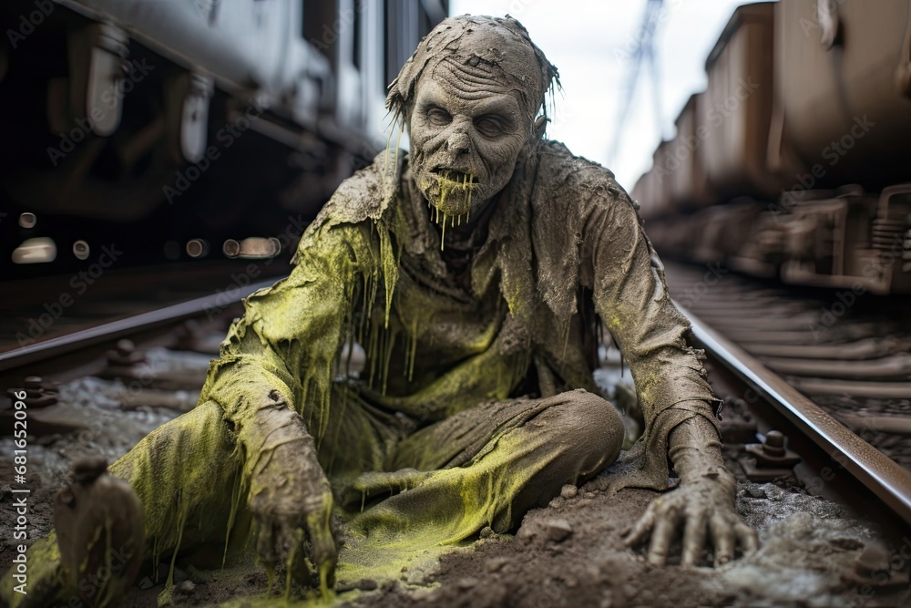 Lone Zombie Contemplates Life on Abandoned Train Tracks Generative AI Lone Zombie Contemplates Life on Abandoned Train Tracks Generative AI