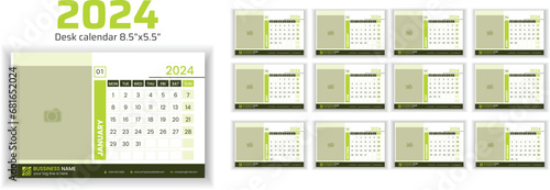 2024 Desk Calendar Planner Templates for a company or home. Image place holder added.  Simple full page calendar in vector format with Monday as the start of the week.
