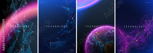 Abstract technology posters. Science future innovation concept. Space shapes and planets in blue-purple. Futuristic abstract backgrounds for book cover design. Digital low-poly fiction flyer template.