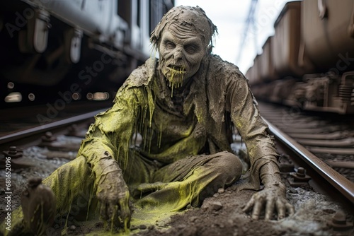 Lone Zombie Contemplates Life on Abandoned Train Tracks Generative AI