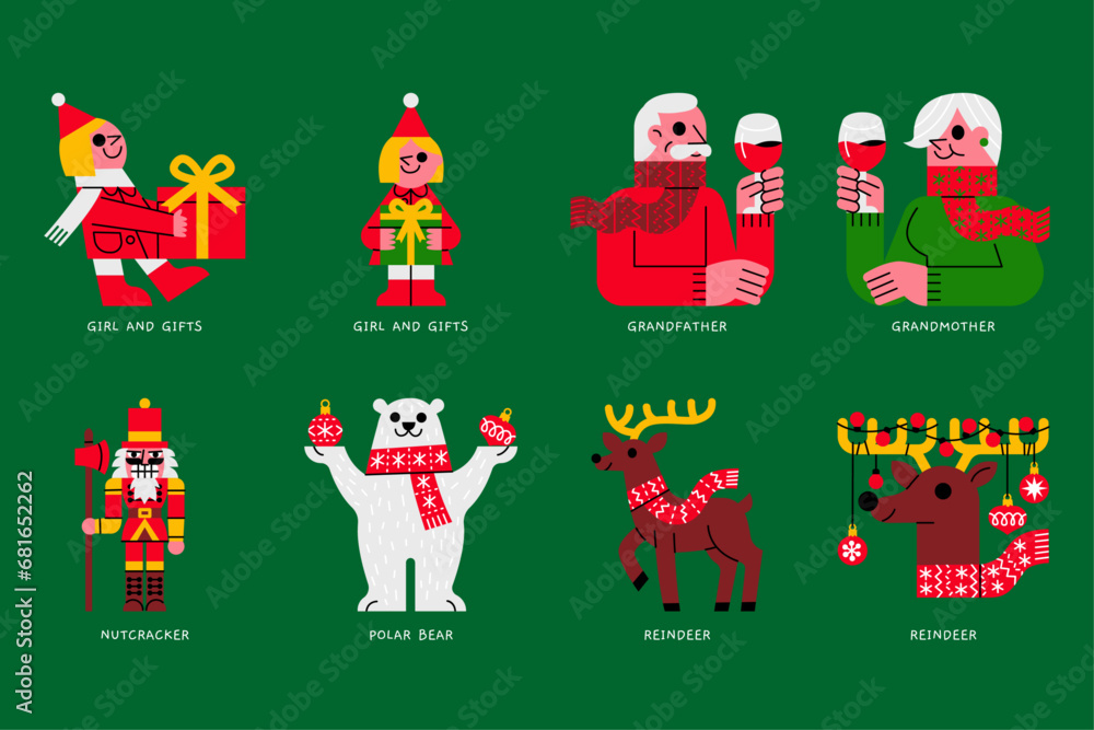 Fototapeta premium elements, decorative, festive, celebration, invitation, poster, season, merry, greeting, card, Santa Claus, Santa, Christmas, holiday, winter, decor, vector, illustration, cartoon, design, character,