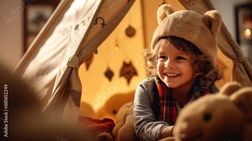 Smiling child enjoying play in teepee tent in his room at home