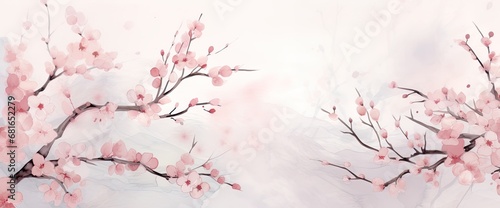 Cherry branches announcing the spring and beautiful season. Delicate, artistic watercolor blooming nature design background for card, banner.