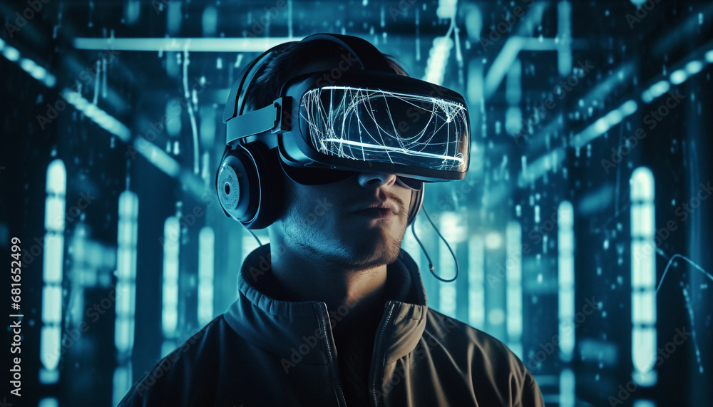 One businessman standing, looking at futuristic virtual reality simulator generated by AI One businessman standing, looking at futuristic virtual reality simulator generated by AI