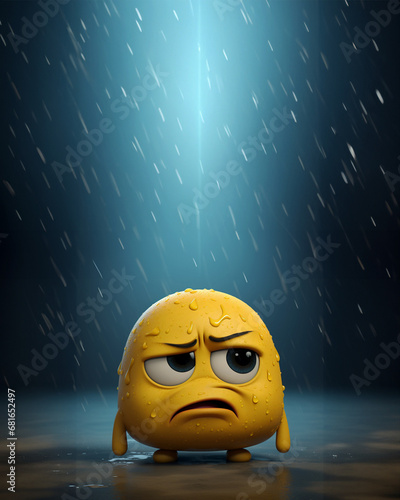 The image depicts a high-quality 3D illustration of a sad, disappointed emoticon. The emoticon is yellow with a frowning face, furrowed brows, and a gloomy expression. It stands under a heavy downpour