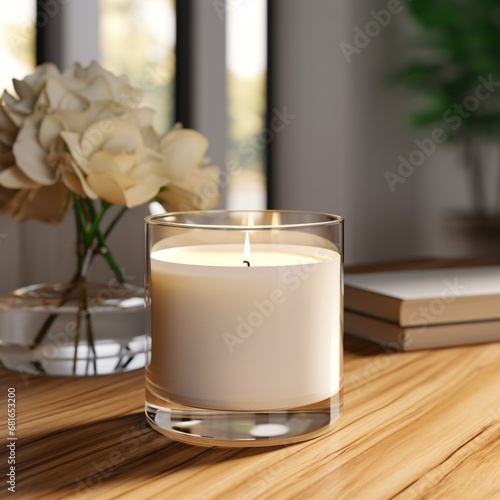 blank scented candle glass mock up on the living room background