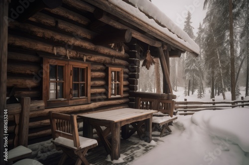 Winter cabin outside snow season. Snowy frost beautiful wooden bench. Generate Ai