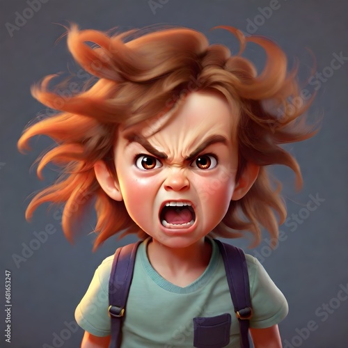 Scared or angry little child with red hair and blue backpack on gray background