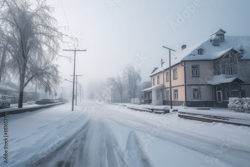 Winter snowy street. Frosty morning landscape of a small town. Generate AI © nsit0108