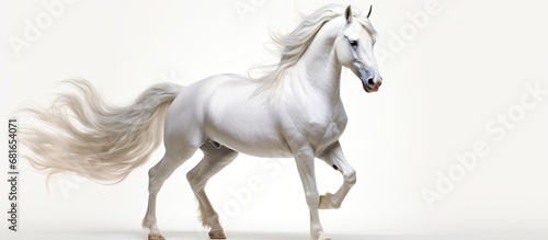 enchanted realm of a fairytale  an isolated white horse with a majestic mane and a horn emerges  a mythical creature known as a unicorn  bringing magical harmony to the realm with its presence against